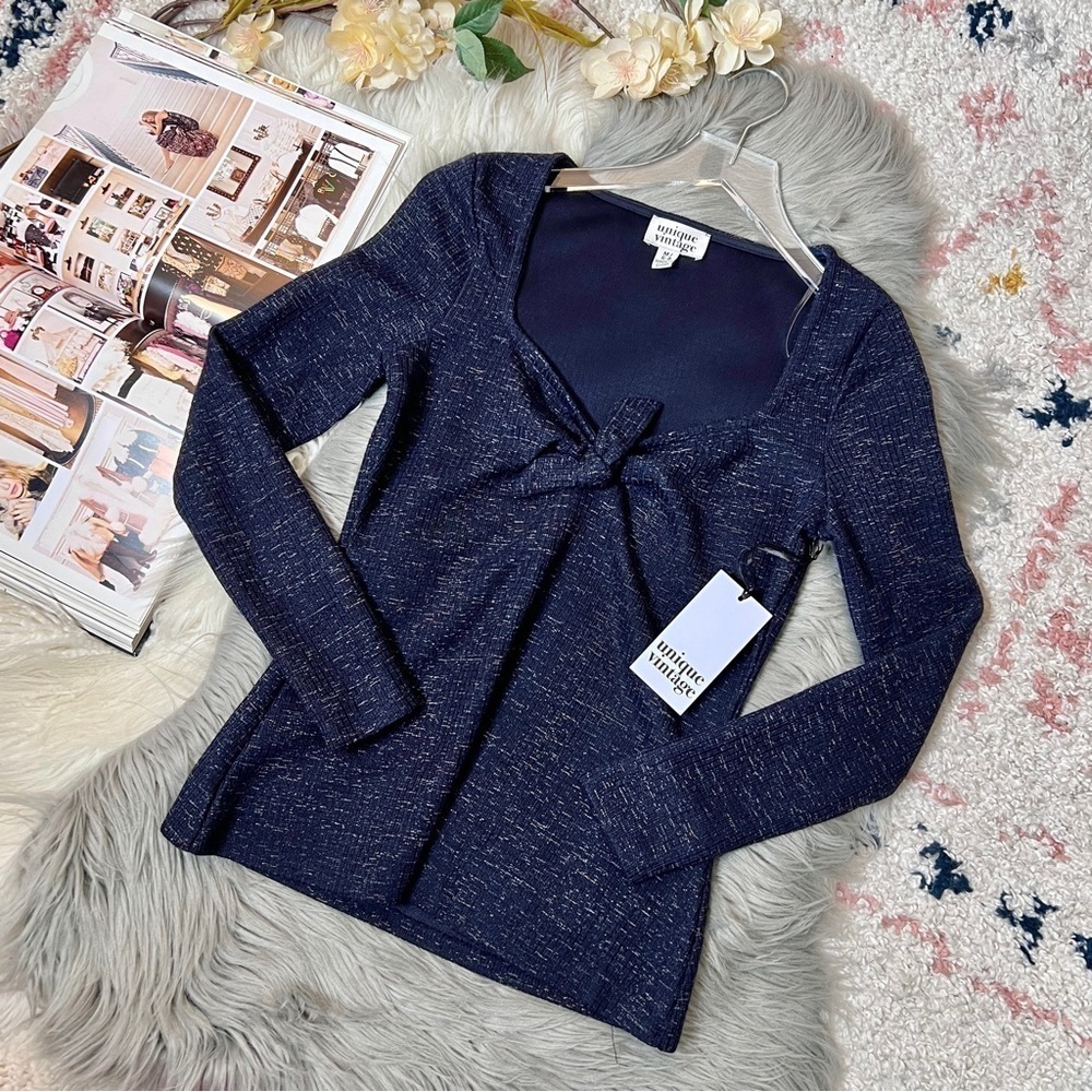 NEW Unique Vintage Navy Lurex Sweetheart Neckline Ribbed Fitted Sweater Sz M